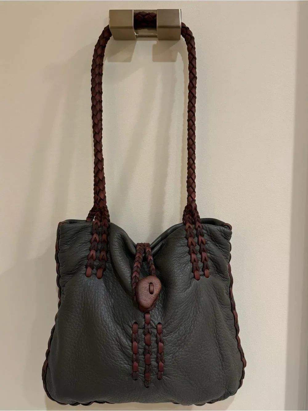 Olive Green Leather Shoulder/Tote Bag with Braided Brown Trim